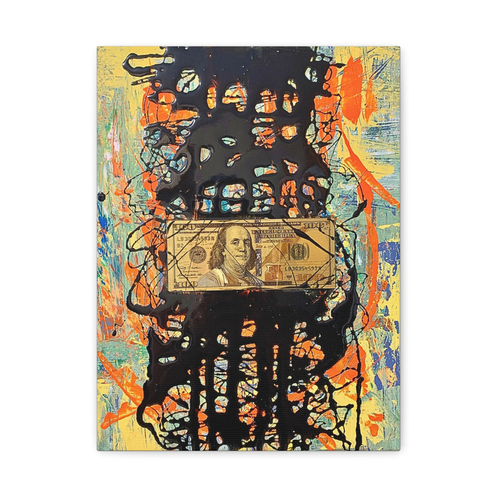 RIGGED- Abstract Resin Drip Canvas with 100 Bill – Stretched Matte Wall Art
