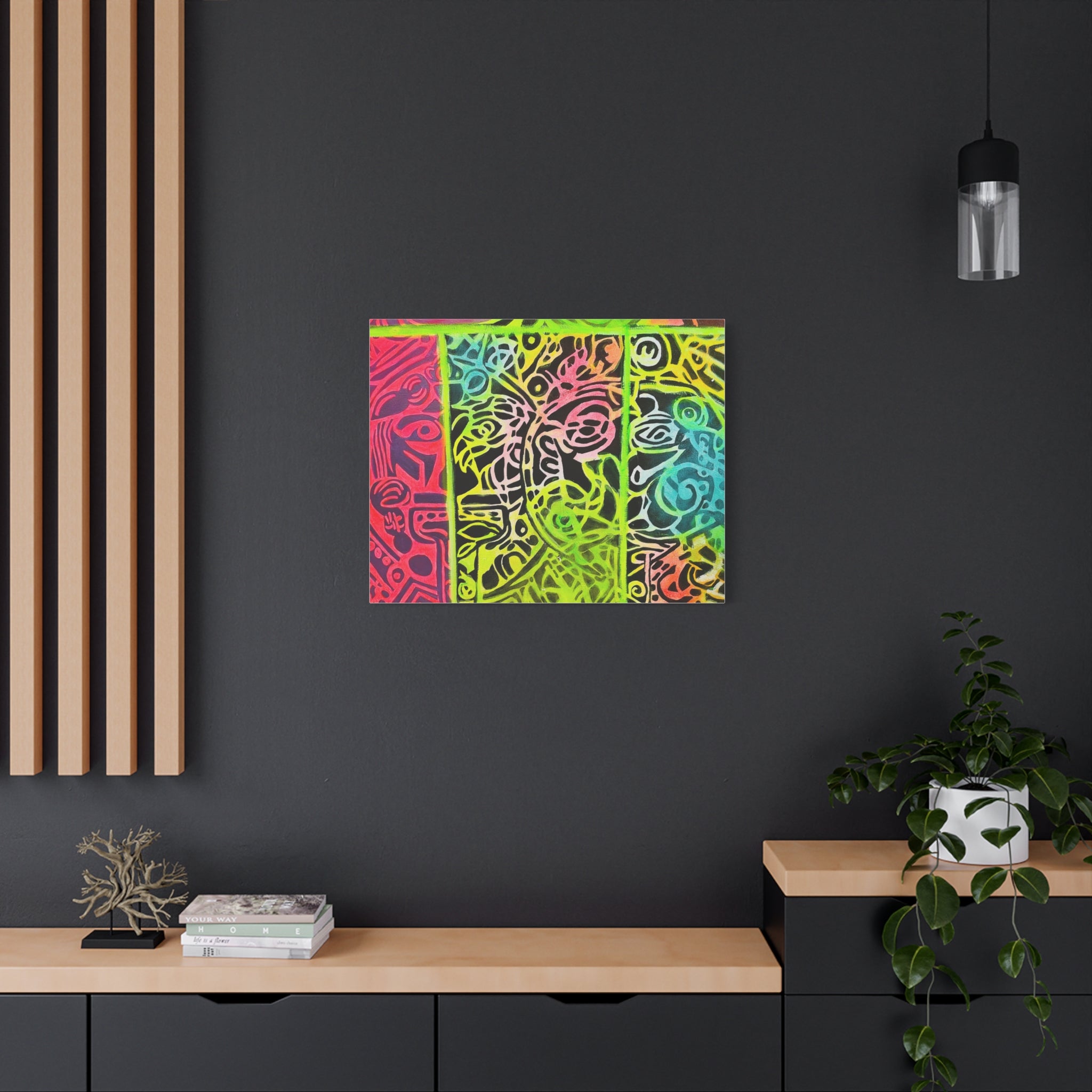 AZTEC Calendar Abstract Neon Tribal Canvas Print — Vibrant Stretched Wall Art