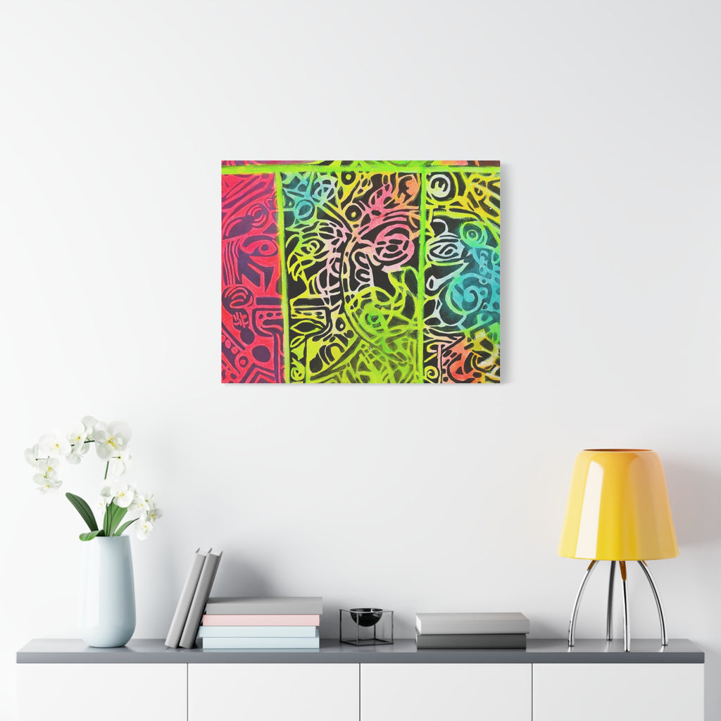AZTEC Calendar Abstract Neon Tribal Canvas Print — Vibrant Stretched Wall Art
