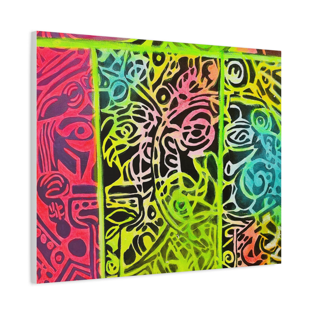 AZTEC Calendar Abstract Neon Tribal Canvas Print — Vibrant Stretched Wall Art