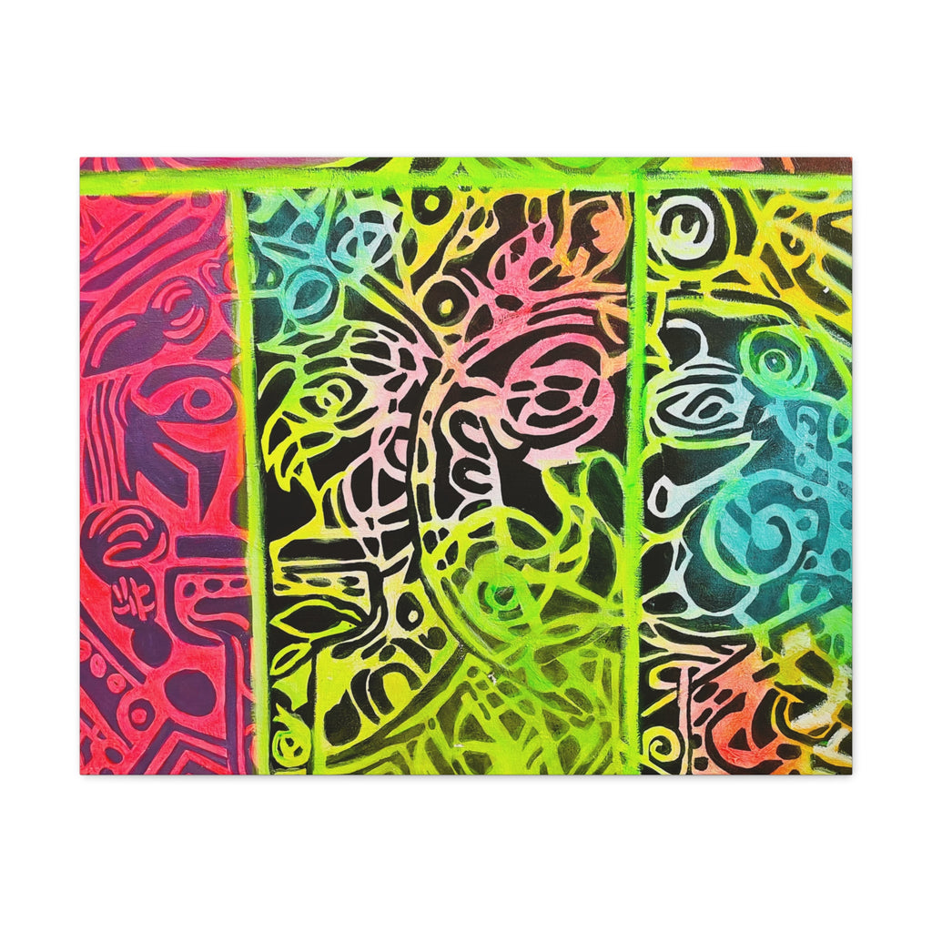 AZTEC Calendar Abstract Neon Tribal Canvas Print — Vibrant Stretched Wall Art