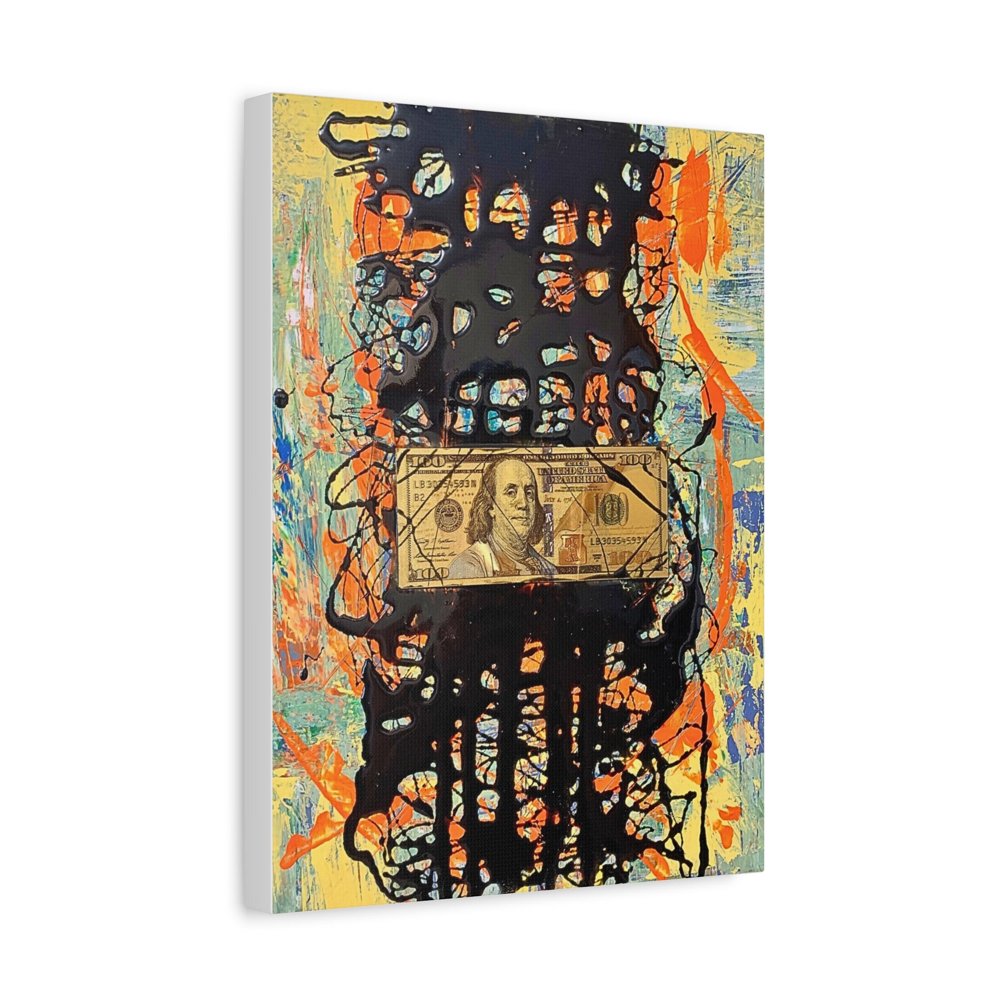 RIGGED- Abstract Resin Drip Canvas with 100 Bill – Stretched Matte Wall Art